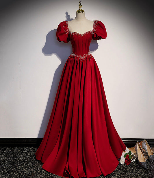 Burgunderrotes A-Linien-Satin-Ballkleid, langes Abendkleid, S85