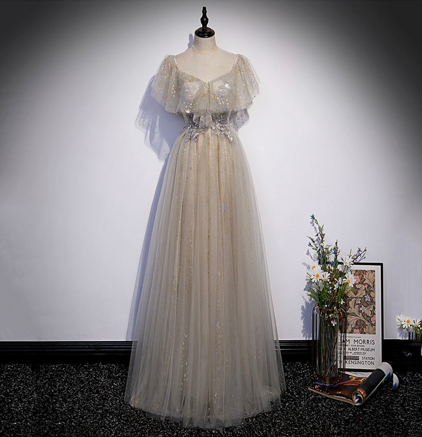 Vestido de noche largo con lentejuelas de tul, talla 60