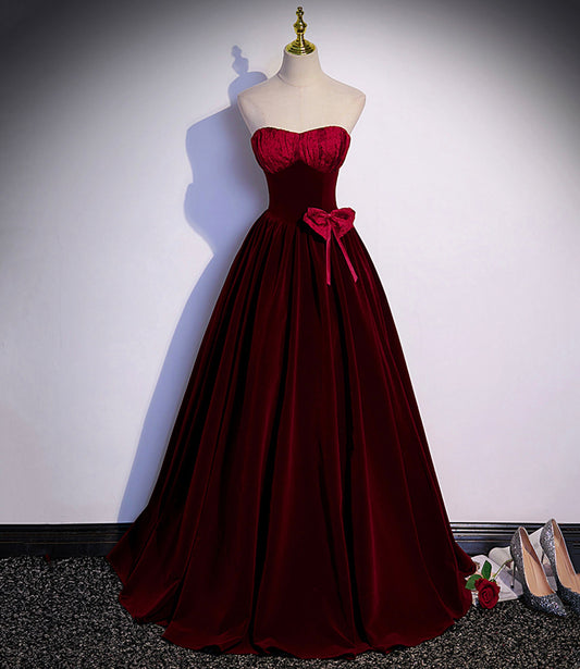 Burgunderrotes langes Ballkleid aus Samt in A-Linie, Abendkleid S86