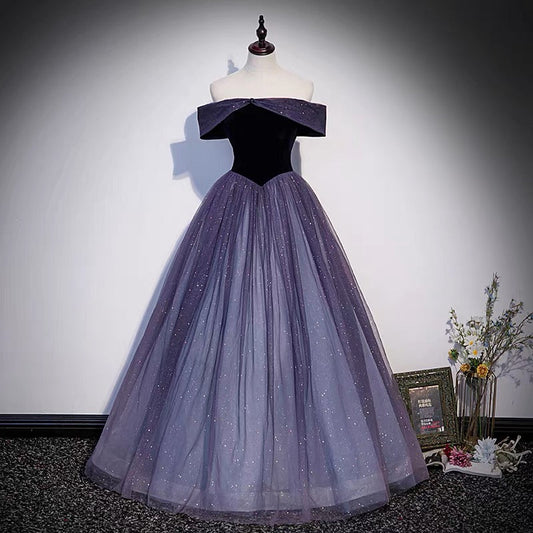 Lila Tüll langes Ballkleid A-Linie Abendkleid s66
