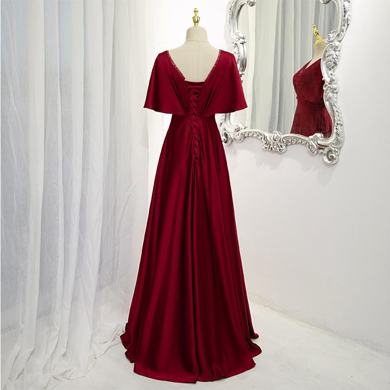 Vestido de noche de satén rojo oscuro, corte A, largo hasta el suelo, para invitada de boda Y1439