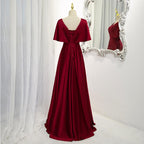 Vestido de noche de satén rojo oscuro, corte A, largo hasta el suelo, para invitada de boda Y1439