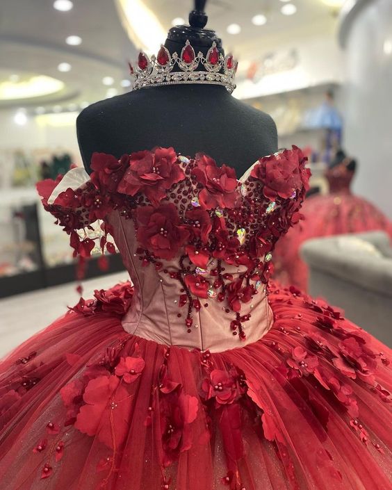 Shimmery Off Shoulder 3D Flowers Quinceanera Dress and Train,Ball Gown Y1448