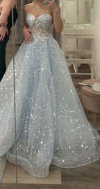 Glitzer Blau Sweetheart Tüll Pailletten Langes Ballkleid, Sexy A-Linie Abendkleid Y1391