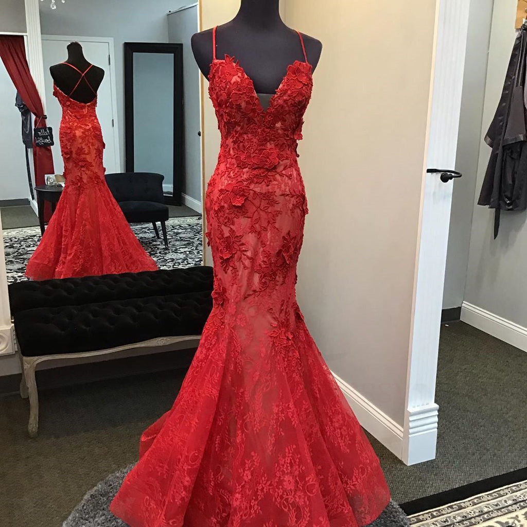 Rotes handgemachtes Abendkleid mit Spitzenapplikationen, Meerjungfrau/Trompete, V-Ausschnitt, rotes Abendkleid Y1402