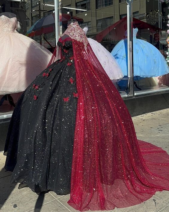 Glitter Black With Burgundy Butterflies Quinceanera Dress Sweet 16 Dress Ball Gown Y1415