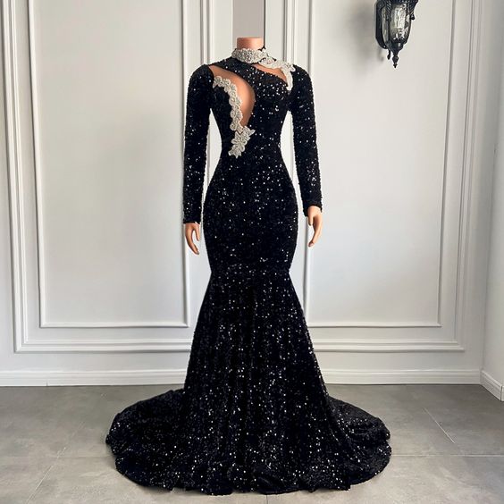 Vestidos de fiesta negros, vestidos de fiesta de manga larga, vestidos de noche recién llegados, vestidos de noche de sirena, vestido de fiesta de lentejuelas Y1423