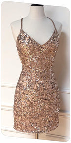 Vestido de fiesta ajustado con lentejuelas y escote en V brillante, vestido sexy para el regreso a casa Y1419