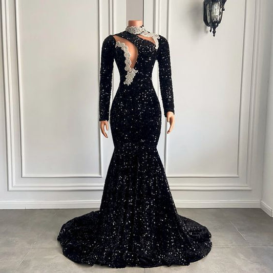 Vestidos de fiesta negros, vestidos de fiesta de manga larga, vestidos de noche recién llegados, vestidos de noche de sirena, vestido de fiesta de lentejuelas Y1423