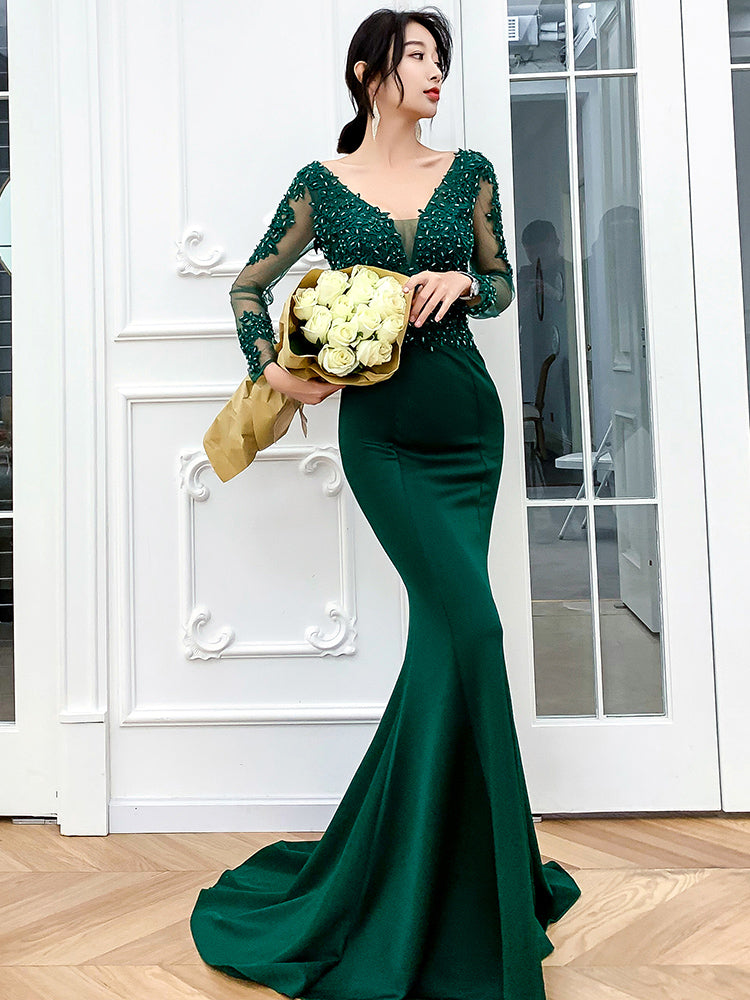 Vestido de noche largo de sirena verde oscuro con cuentas y encaje Y1433