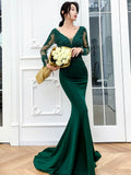 Vestido de noche largo de sirena verde oscuro con cuentas y encaje Y1433