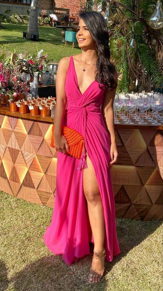 Hermosos vestidos de noche largos con escote en V y abertura Y1242