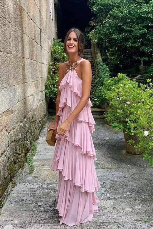 Elegante vestido de fiesta de gasa con cuello halter y espalda descubierta en capas Y1232