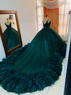 Atemberaubendes Ballkleid aus Tüll mit Schnürung am Rücken, blaugrünes Prinzessinnenkleid mit Rüschen Y1233