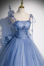 Blaues langes A-Linien-Ballkleid aus Tüll, blaues Abendkleid S51