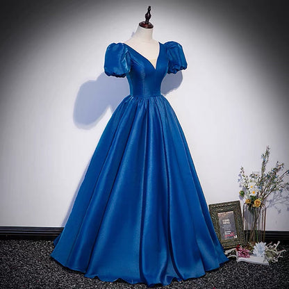 Blaues langes Ballkleid in A-Linie, Abendkleid S64