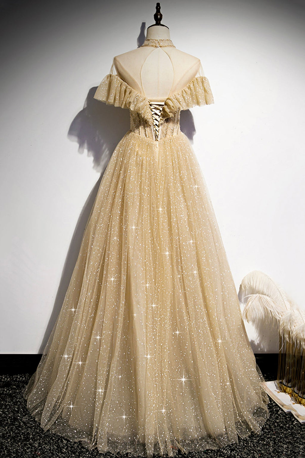 Vestido largo de fiesta con lentejuelas doradas, corte A, talla 78
