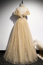 Vestido largo de fiesta con lentejuelas doradas, corte A, talla 78