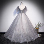 Graues langes Ballkleid mit Tüll-Pailletten in A-Linie, Abendkleid S65
