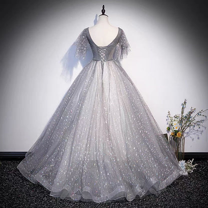 Graues langes Ballkleid mit Tüll-Pailletten in A-Linie, Abendkleid S65