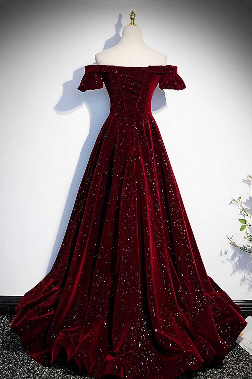 Vestido de fiesta largo de terciopelo burdeos, corte A, talla 53