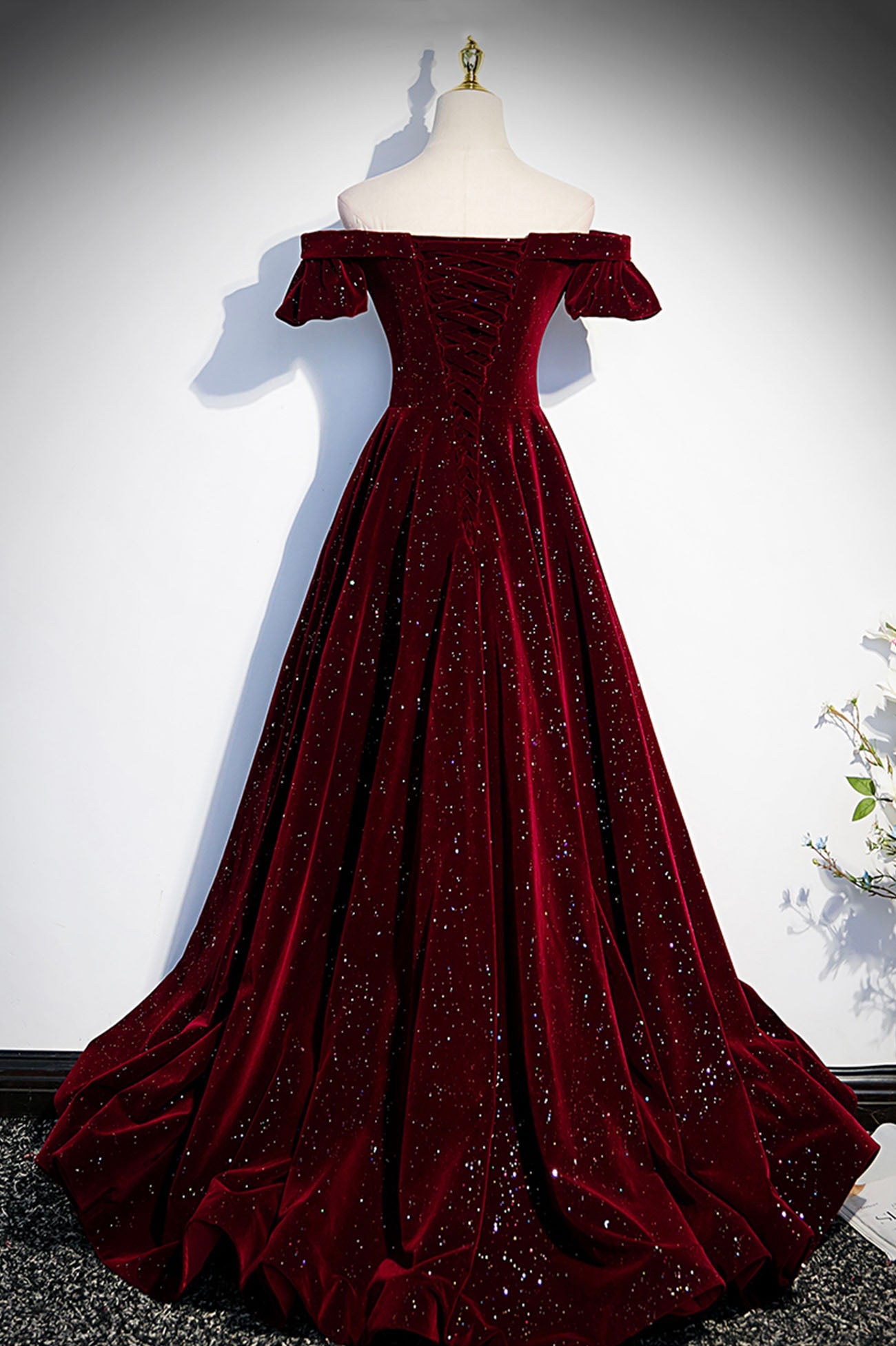 Burgunderrotes langes Ballkleid aus Samt in A-Linie, Abendkleid S53