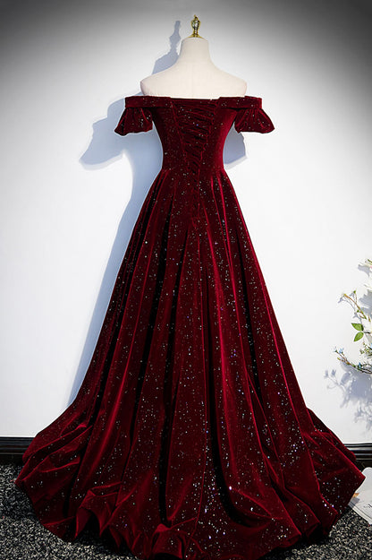 Burgunderrotes langes Ballkleid aus Samt in A-Linie, Abendkleid S53
