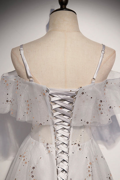 Stilvolles Tüll Pailletten langes A-Linie Ballkleid Abendkleid s71