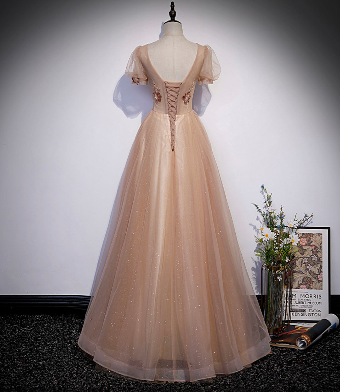 Hermoso vestido de fiesta largo con cuentas de tul, corte A, talla 63
