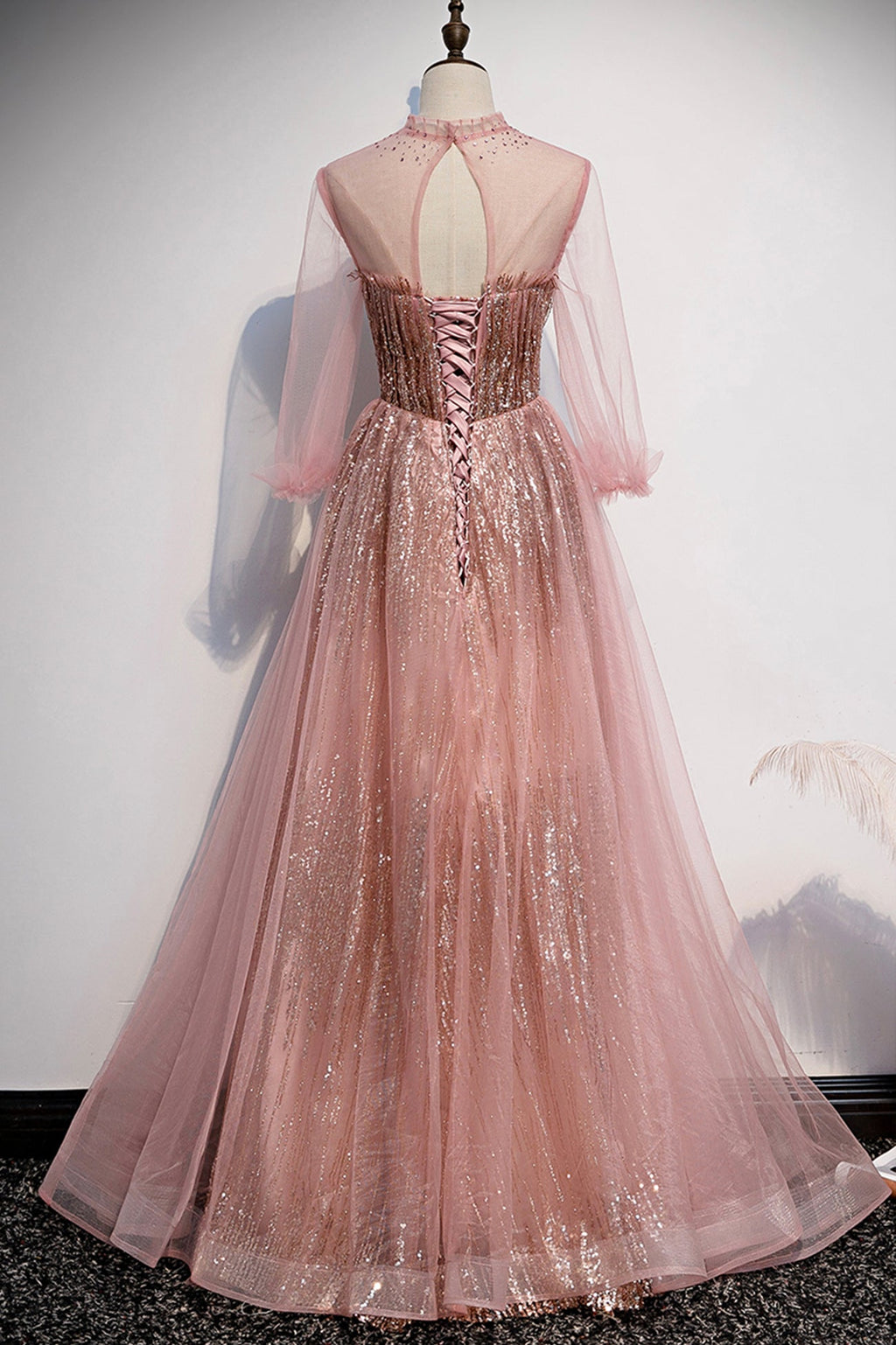 Pink tulle sequins long prom dress pink evening dress s109