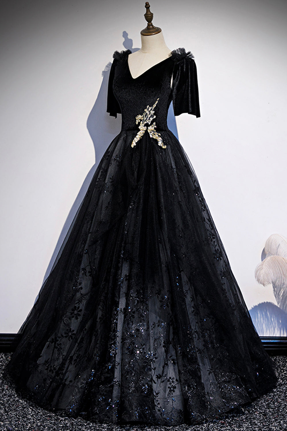 Vestido de fiesta largo de terciopelo negro con encaje, vestido de noche s103