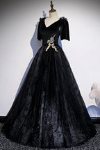 Vestido de fiesta largo de terciopelo negro con encaje, vestido de noche s103