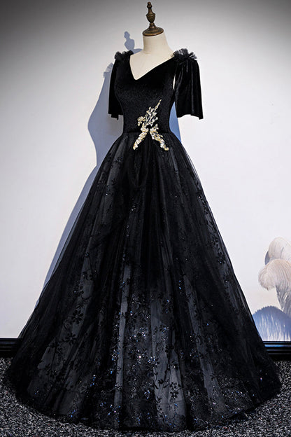 Schwarzes langes Ballkleid aus Samtspitze S103