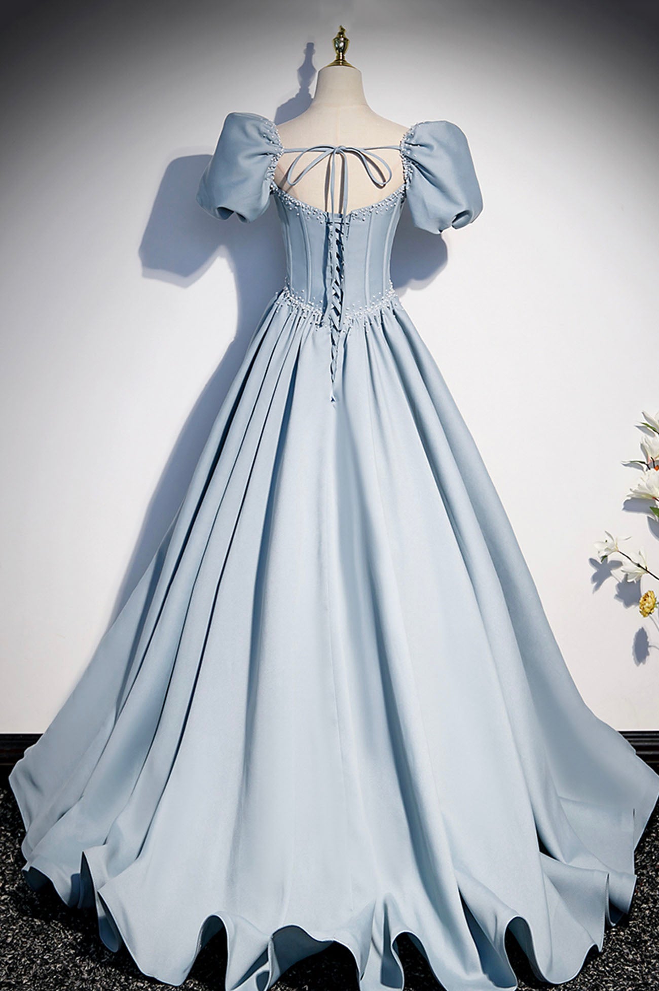 Blaues Satin Perlen langes Ballkleid blaues Abendkleid S52