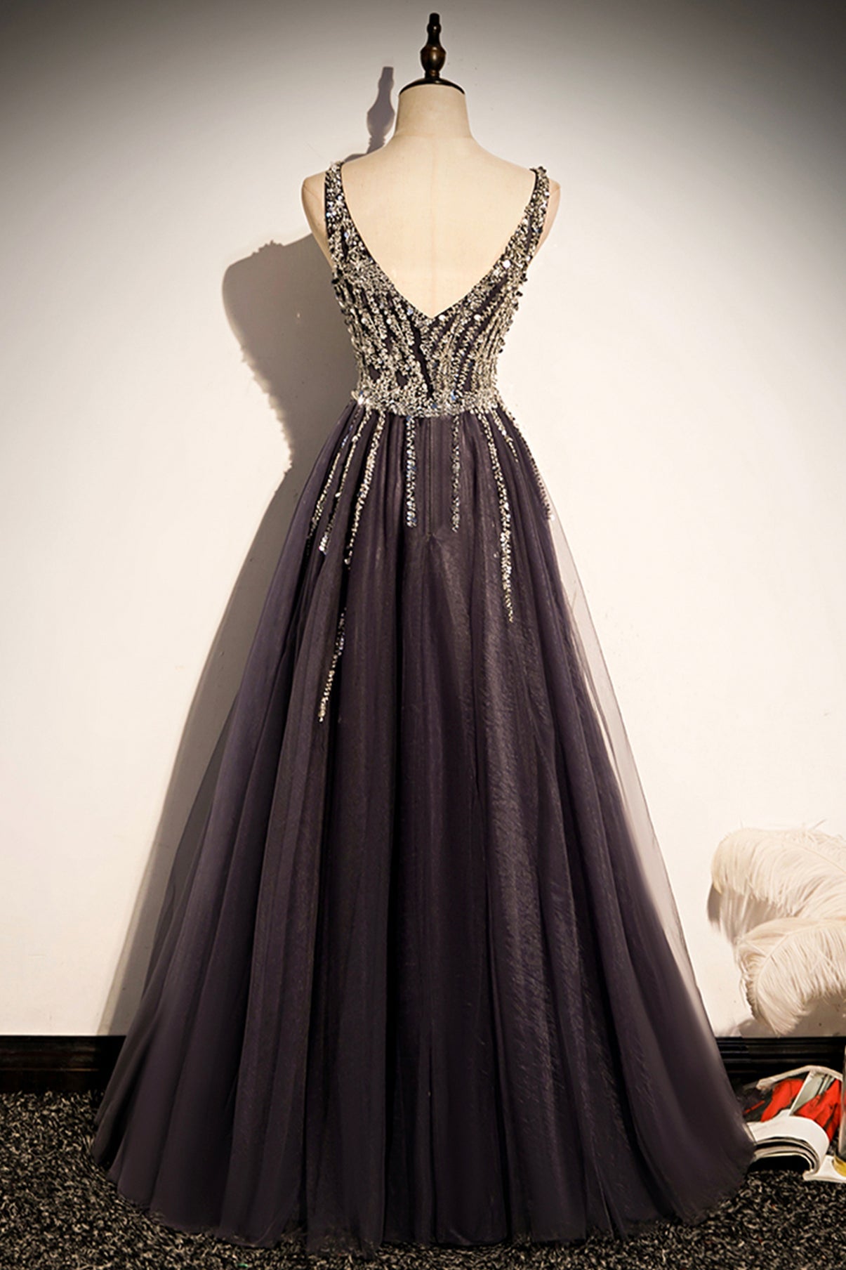 Stylish v neck tulle long prom dress A line evening dress s76