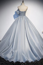 Vestido formal largo de tul gris con encaje s91