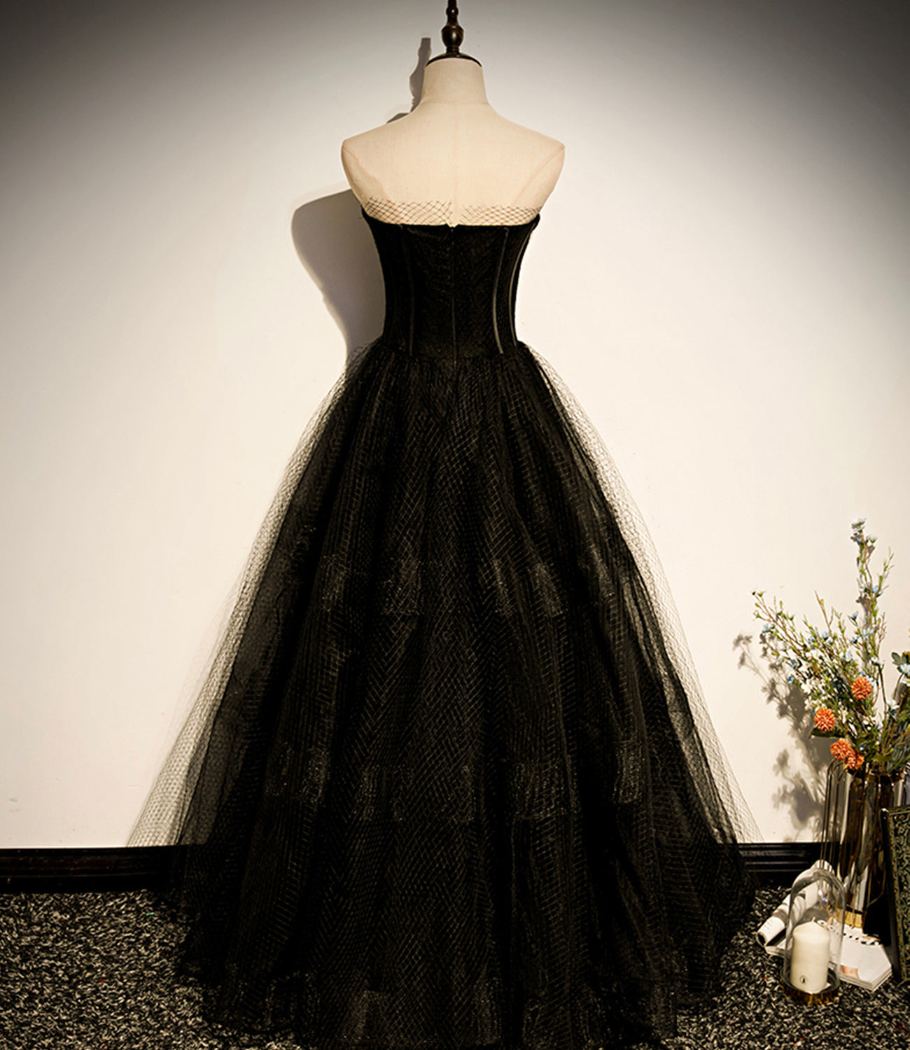Schwarzes langes A-Linien-Ballkleid aus Tüll, schwarzes Abendkleid S68