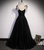 Schwarzes langes Ballkleid mit Tüllperlen in A-Linie, Abendkleid S58