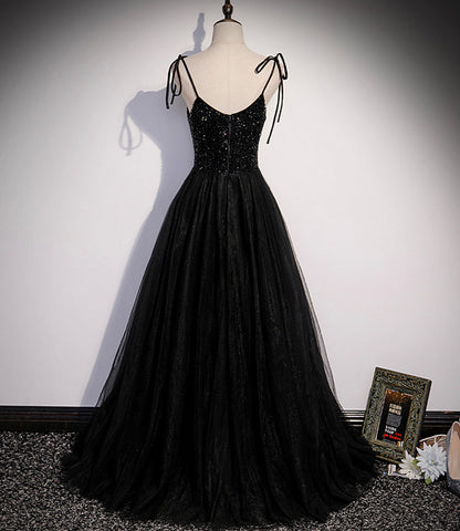 Schwarzes langes Ballkleid mit Tüllperlen in A-Linie, Abendkleid S58