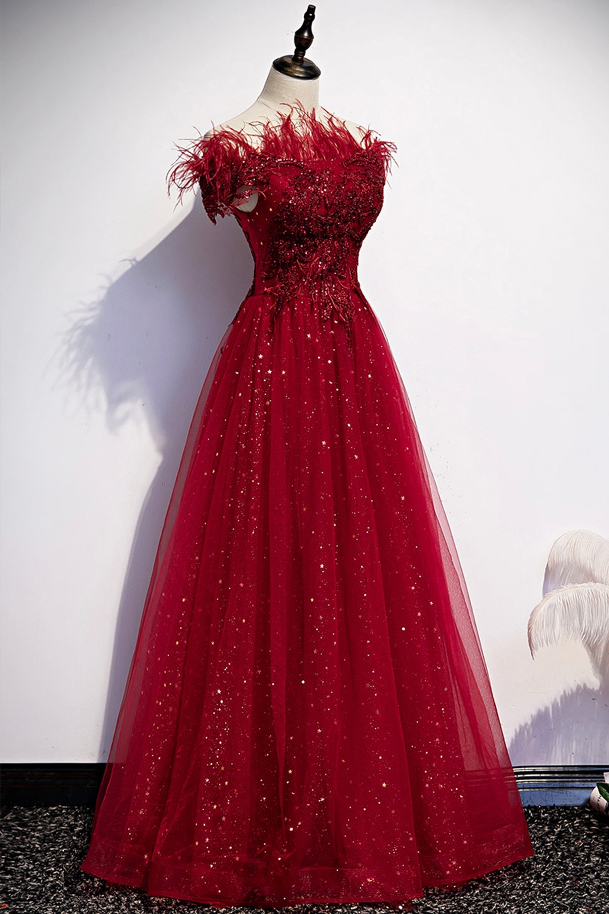 Burgunder Tüll Pailletten langes A-Linie Ballkleid Abendkleid S69