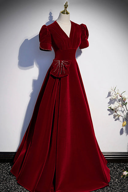 Burgunderrotes langes Ballkleid mit V-Ausschnitt, A-Linie, Abendkleid S54