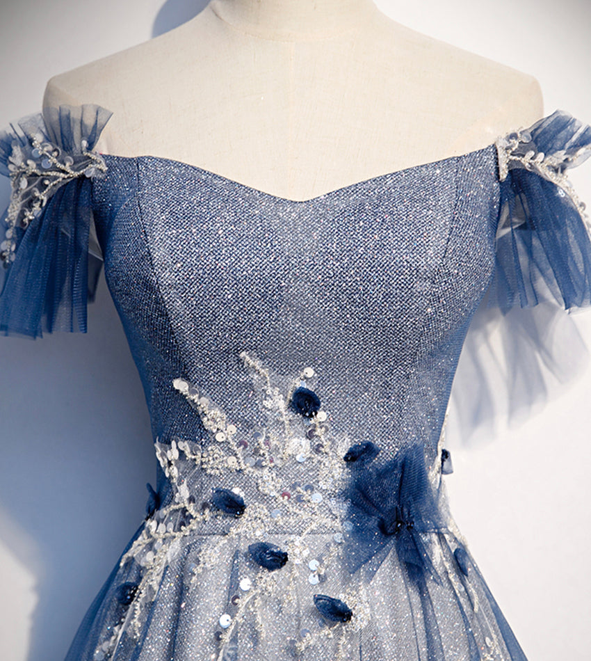 Vestido de fiesta largo de tul brillante con lentejuelas, vestido de noche azul s102