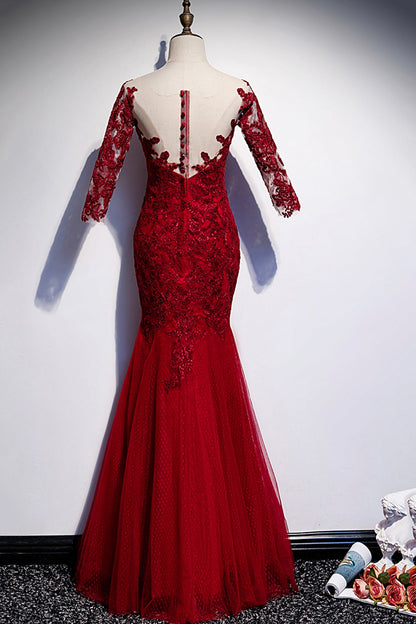 Burgunderrotes langes Ballkleid aus Spitze im Meerjungfrauen-Stil, Abendkleid S110