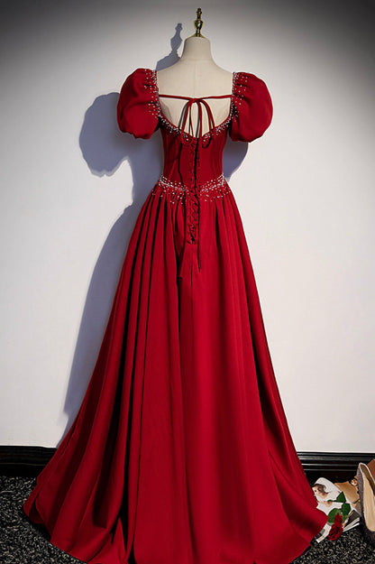 Burgunderrotes A-Linien-Satin-Ballkleid, langes Abendkleid, S85