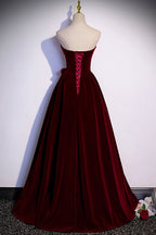 Burgunderrotes langes Ballkleid aus Samt in A-Linie, Abendkleid S86