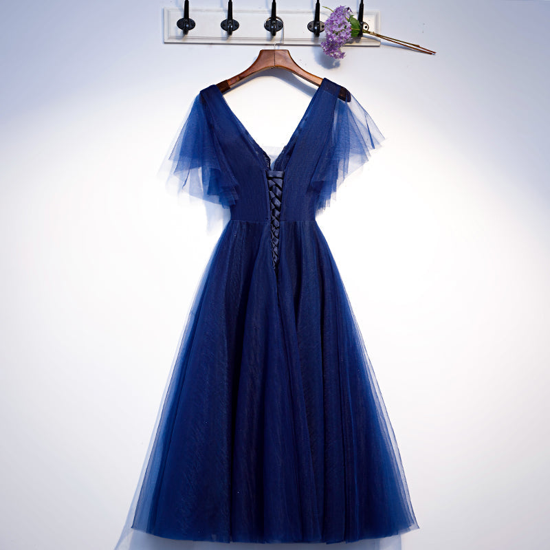 Vestido corto de tul azul con escote en V para fiesta de bienvenida, talla 94