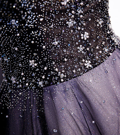 Lila V-Ausschnitt Tüll Perlen langes Ballkleid Abendkleid S104