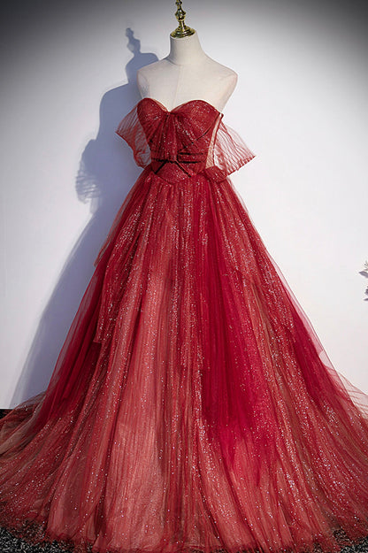 Burgunderrotes langes Ballkleid mit Tüll und Pailletten in A-Linie, Abendkleid S55