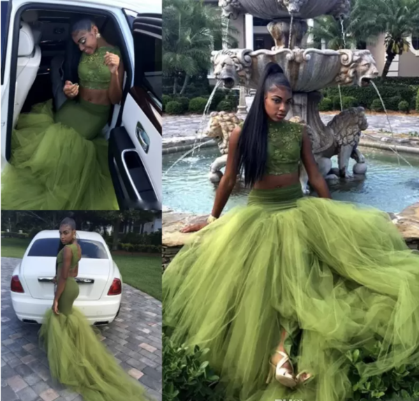 Vestido de fiesta verde oliva de dos piezas con corpiño de encaje para niña africana, vestido de noche para niña negra Y534