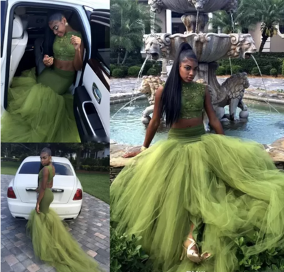 Vestido de fiesta verde oliva de dos piezas con corpiño de encaje para niña africana, vestido de noche para niña negra Y534